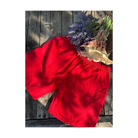 80s DOMO Red Canvas Shorts Drawstring Elastic Waist We Jump To The Pump Unisex - Picture 2 of 6